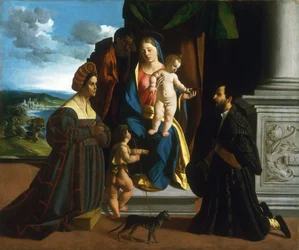 La Sainte Famille, avec le jeune Saint Jean-Baptiste, un chat et deux donateurs